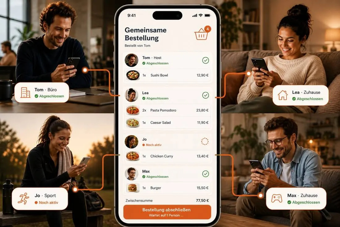Vier Personen bestellen von unterschiedlichen Orten gemeinsam über EATRIQ, mit Status je Person und geteiltem Warenkorb auf dem Smartphone